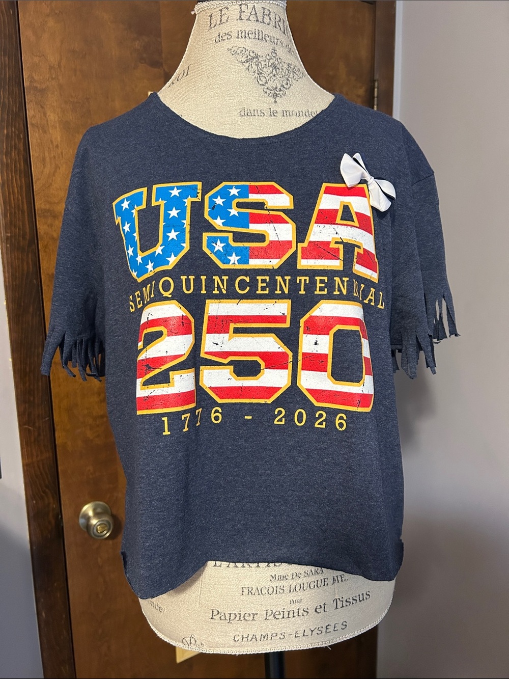 Upcycled USA 250 Semiquincentennial Top with Bow- Coquette Patriotic